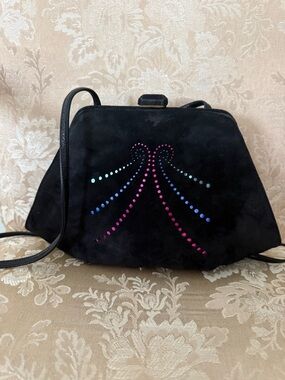 Bally Vintage Black Suede evening Crossbody with Rhinestone Bow